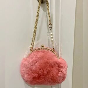 Handmade Real Rex Rabbit Fur Rhinestone Kisslock Wristlet/Crossbody/Evening Bag